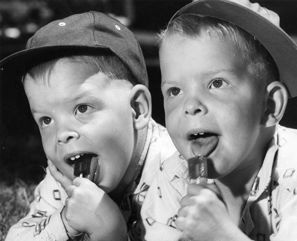 Three-year-old twins at an annual twins picnic licking lollipops.
