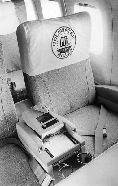 The seats designated for Senator and Mrs. Goldwater on an airplane, during the 1964 presidential campaign.  He and running mate, William Miller went on to lose to Democrats Lyndon Johnson and Hubert Humphrey.