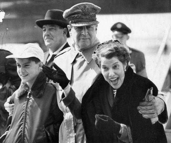 General Douglas MacArthur with his wife, Jean, and son, Arthur upon his return to the United States after being relieved as Commander of U.S. forces in Asia.