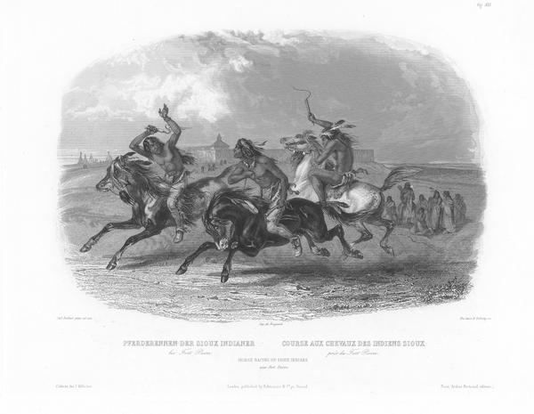 Horse racing of Sioux Indians near Fort Pierre. Three Sioux Indians on horseback in foreground and Fort Pierre in distance.