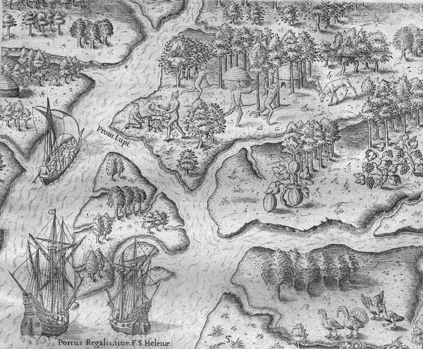 Scene from the Laudonnière Expedition in South Carolina, ca. 1564.