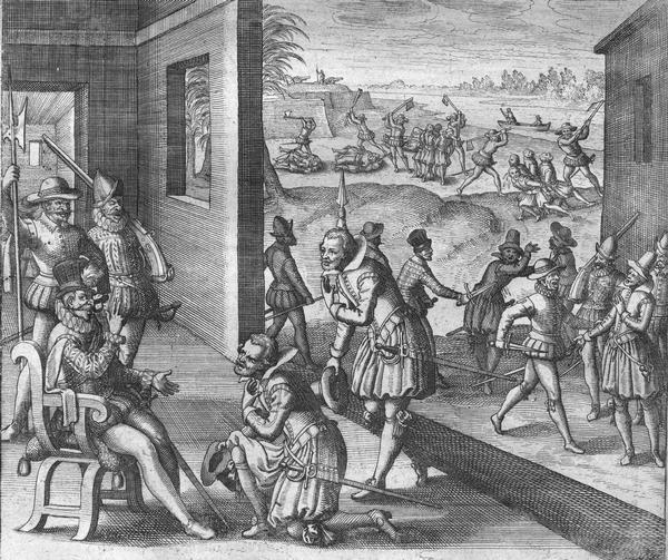 Scene from Laudonnière Expedition in Florida, ca. 1565.