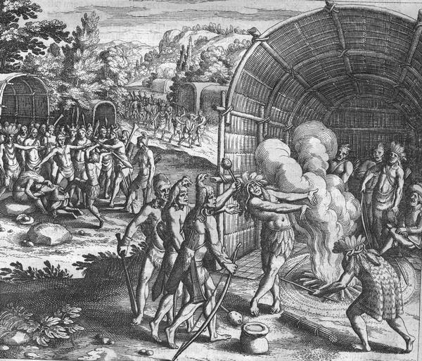 Scene from the Jamestown Settlement in Virginia, 1607.