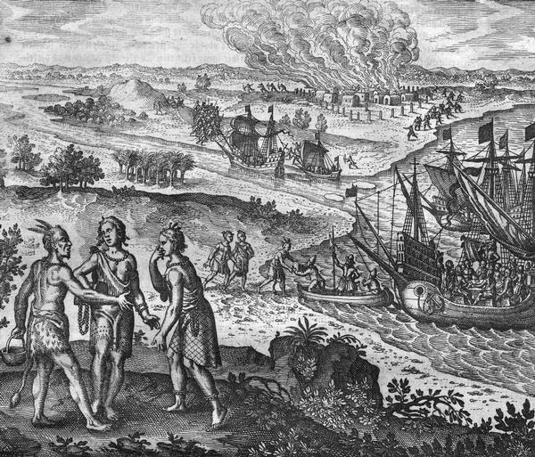Scene from Jamestown Settlement in Virginia, 1610.