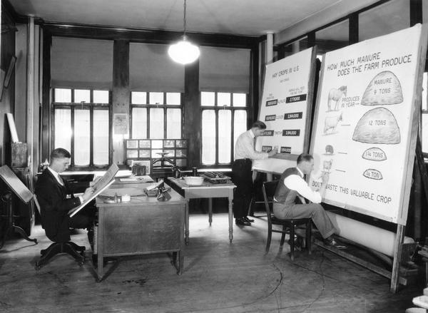 Three graphic artists inside the Chart Room of International Harvester's Agricultural Extension Department at 616 S. Michigan Avenue. The men are illustrating charts on hay crops and manure production.