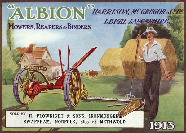 Cover of an advertising brochure for "Albion" mowers, reapers and binders manufactured by Harrison, McGregor & Co., Ltd., Leigh, Lancashire, England. The cover features a color chromolithograph illustration of a farmer in a field with a mower. The catalog is imprinted with the name "H. Plowright & Sons, Ironmongers, Swaffham, Norfolk, also at Methwold."