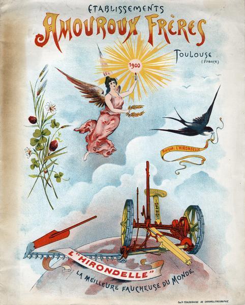 Cover of French advertising brochure for Amouroux Freres agricultural equipment featuring a color chromolithograph illustration of an angel, bird, flowers and L'Hirondelle mower. The angel is holding a light bearing the year "1900" most likely to herald the new century. The Amouroux Freres were headquartered in Toulouse, France.