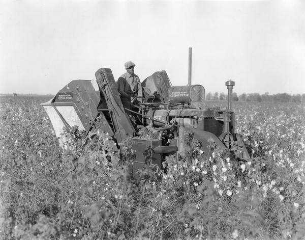 African American man harvesting cotton with an experimental McCormick-Deering 2-row cotton picker mounted on a Farmall Regular tractor.