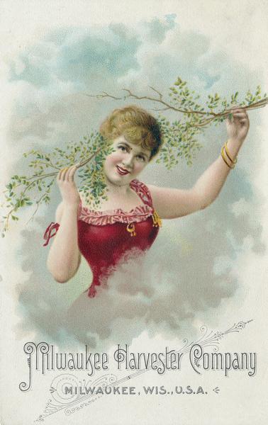 Advertising card for the Milwaukee Harvester Company featuring a chromolithograph illustration of a woman holding a tree branch.