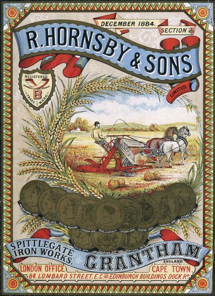Cover of an advertising brochure for R. Hornsby & Sons, Ltd., manufacturers of agricultural implements. The cover features a color chromolithograph illustration of a farmer in a field with a horse-drawn grain binder. Below the farmer is a display of coins or medals from Melbourne 1881, Paris 1878, London 1851, Turin 1876, etc. Hornsby & Sons products were manufactured at the Spittlegate Iron Works, Grantham, England.