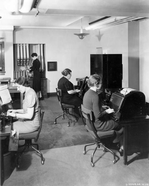Female employees inside the teletype room at International Harvester's general office.