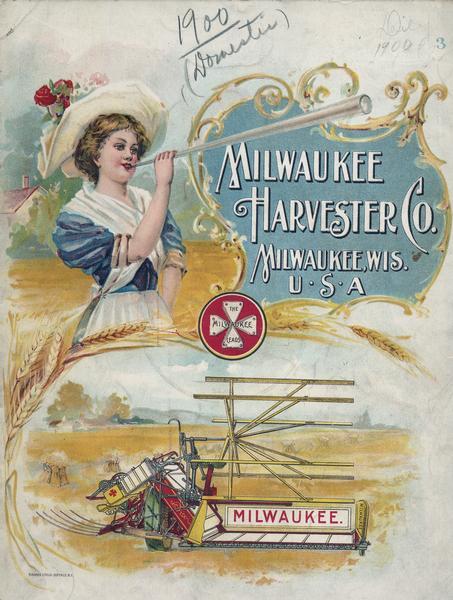 Cover of an advertising catalog for the Milwaukee Harvester Company featuring a color chromolithograph illustration of a Milwaukee grain binder and a young girl blowing a horn. The illustration was produced by the Niagra Litho Co. of Buffalo, New York.