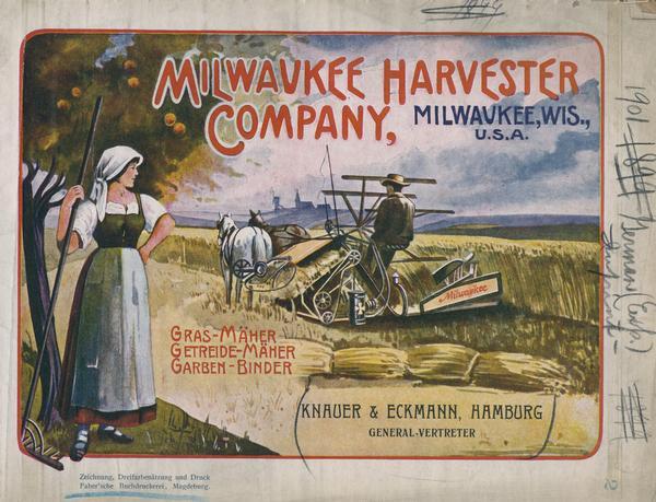Cover of a German language advertising catalog for the Milwaukee Harvester Company. The cover's color illustration features a woman with a rake watching a man operate a horse-drawn grain binder. The catalog is imprinted with the name "Knauer & Eckmann, Hamburg [Germany]."