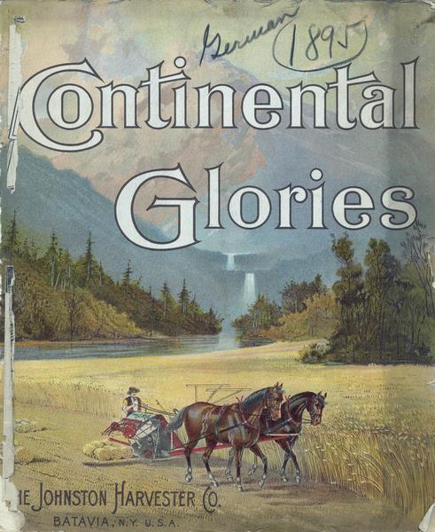 Cover of a German language advertising catalog for the Johnston Harvester Company. The cover features a color chromolithograph illustration of a farmer operating a grain binder against a mountainous background under the title "Continental Glories." The setting may represent the Rocky Mountains or the continental divide.