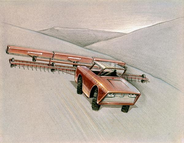 Industrial artist's color rendering of what a McCormick Farmall four-wheel tractor and planter of the future may look like ("future farm machines"). The "tractor" looks more like the International Scout truck later introduced by the company.