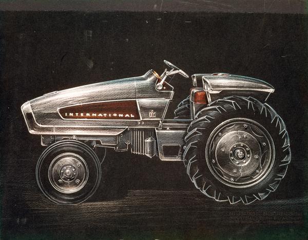 Industrial artist's color rendering of the experimental International HT 340 hydrostatic-drive gas turbine engine tractor ("future farm machines"). The HT 340 was a concept vehicle used to test new tractor systems.