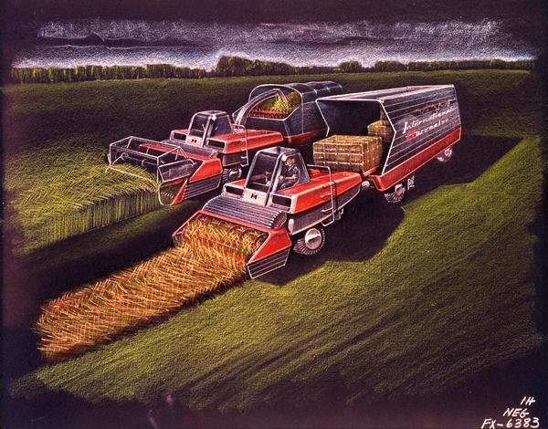 Industrial artist's rendering of what International Harvester hay balers and forage harvesters might look like in the future ("future farm machines").