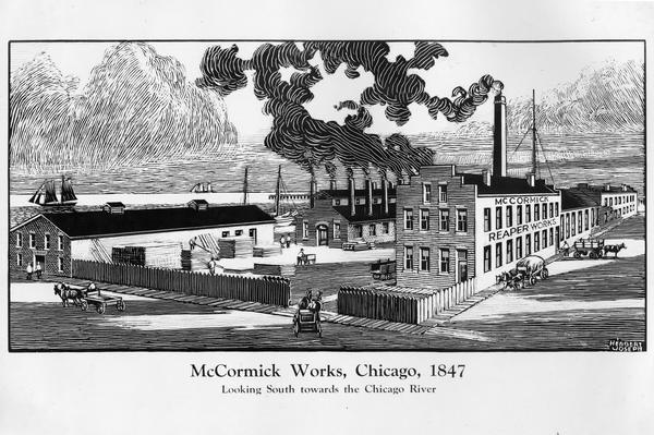 Engraving of the McCormick Reaper Works as it appeared in 1847. The factory was located on the north bank of the Chicago River, east of the Michigan Avenue Bridge. The factory was built in 1847 by Cyrus McCormick and his partner Charles M. Gray. The factory was destroyed in the Chicago Fire of October 8-9, 1871.