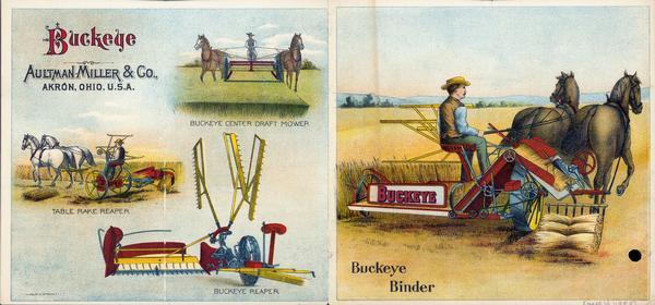 Front and back cover of an advertising leaflet for Aultman, Miller and Company. The advertisement includes color illustrations of the horse-drawn Buckeye reaper, grain binder, center draft mower, and table rake reaper.