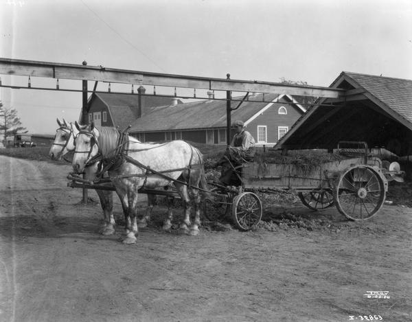 Farmer on a horse-drawn McCormick-Deering manure spreader in front of farm buildings.