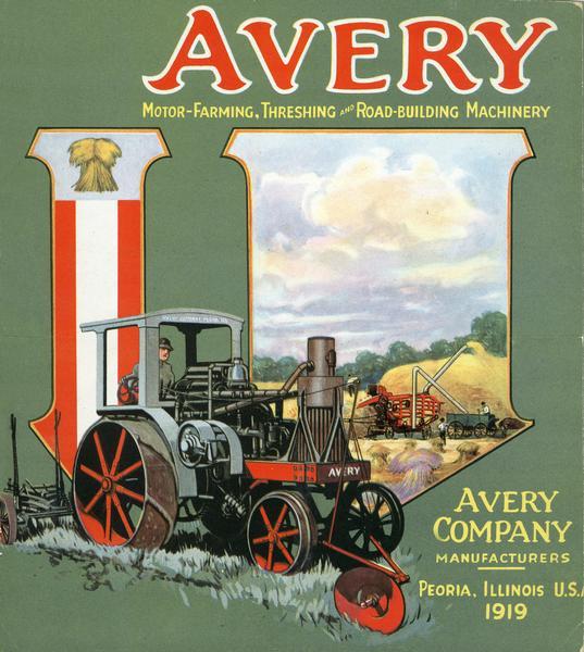 Cover of an advertising brochure for Avery Co. farm machinery, featuring a color illustration of an Avery tractor and plow.