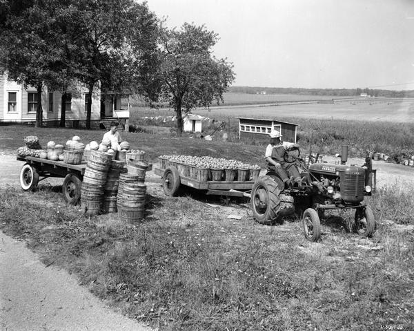 Man pulling a trailer with a Farmall B tractor on the farm of C.H. Meyerling. The trailer is loaded with tomatoes. A young man is standing next to another trailer loaded with pumpkins, squash and other produce.