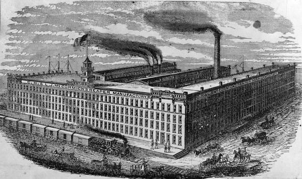 Drawing of the C.H. & L.J. McCormick Reaper Manufactory (McCormick Reaper Works). The factory was built after the Chicago Fire of 1871 destroyed the original reaper factory.  The drawing shows the factory and people, horses, and a train outside the building.