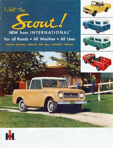 Front cover of an advertising brochure for the new International Scout "For all roads, All weather, All uses." Features a color illustration of a mother and two children in front of a suburban house, and a father driving a Scout truck down the driveway.