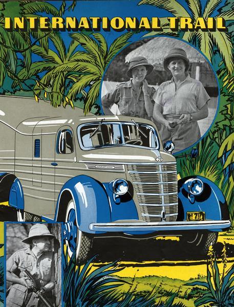 Front cover of <i>International Trail</i> magazine featuring images of the expedition of Attilio Gatti to the Belgian Congo in Africa. Includes a color illustration of the custom DS-30 truck, popularly referred to as the "jungle yacht," that was used for the expedition.