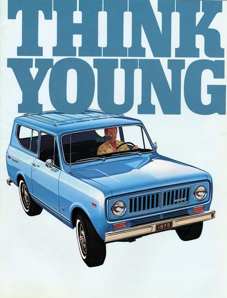 Front cover color illustration of an advertising brochure for International Scout pickup trucks featuring the slogan "Think Young".