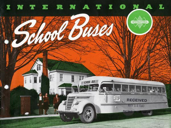 Front cover of an advertising brochure for International school buses. Cover features a photographic illustration of school children boarding a bus for the Snohomish County School District, Washington.
