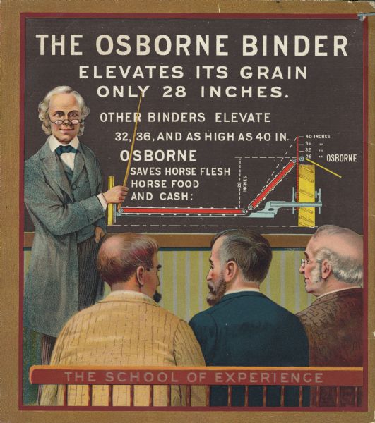 Back cover of an advertising catalog for International Harvester's Osborne line of harvesting machinery. The illustration shows a man with spectacles and gray hair using a pointer as he speaks in front of a blackboard. The blackboard reads: "The Osborne binder elevates its grain only 28 inches. Other binders elevate 32, 36, and as high as 40 in. Osborne saves horse flesh, horse food and cash," above a color illustration of a cross-section of an Osborne binder. Three men on a bench are watching the lecture. The bench reads: "The school of experience."