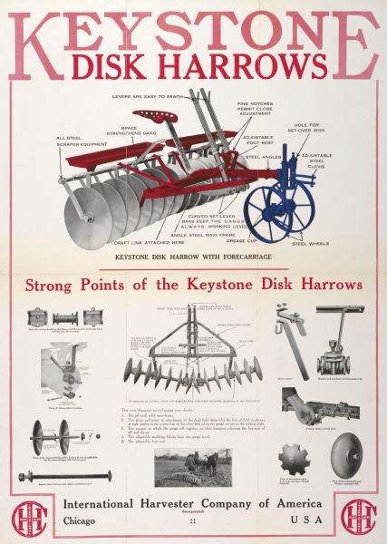 Advertising poster for Keystone disk harrows manufactured by the International Harvester Company. Features color illustration.
