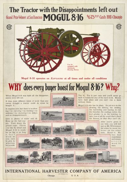 Advertising poster for the Mogul 8-16 tractor manufactured by International Harvester. Includes a color illustration of a tractor.