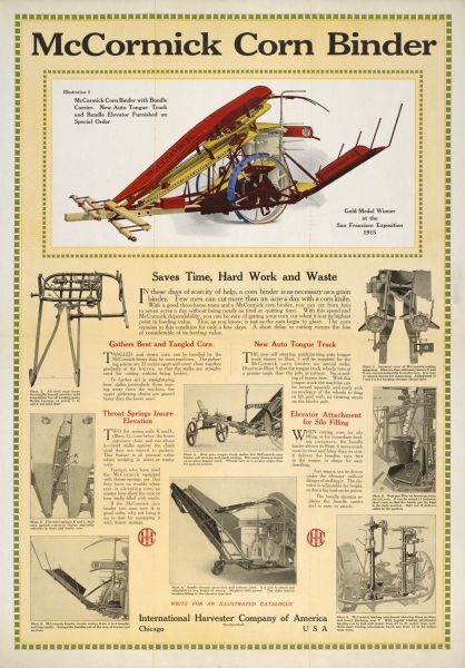 Advertising poster for the McCormick corn binder featuring color illustration. Includes the text: "Saves Time, Hard Work and Waste." The poster was printed by the Harvester Press.
