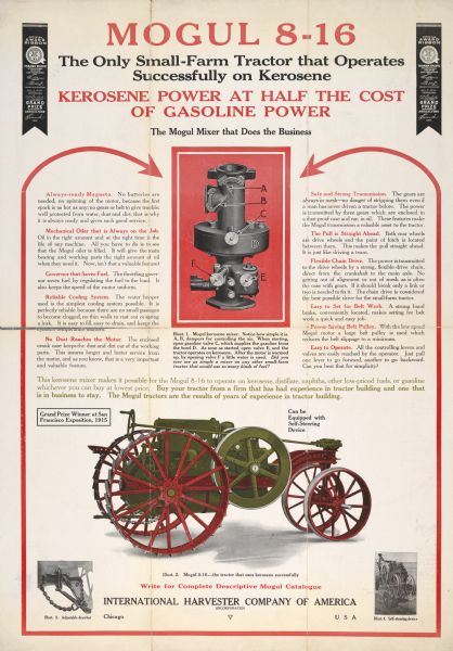 Advertising poster for the Mogul 8-16 tractor, "The Only Small-Farm Tractor that Operates Successfully on Kerosene." The poster was printed by the Harvester Press. Includes a color illustration of a tractor.