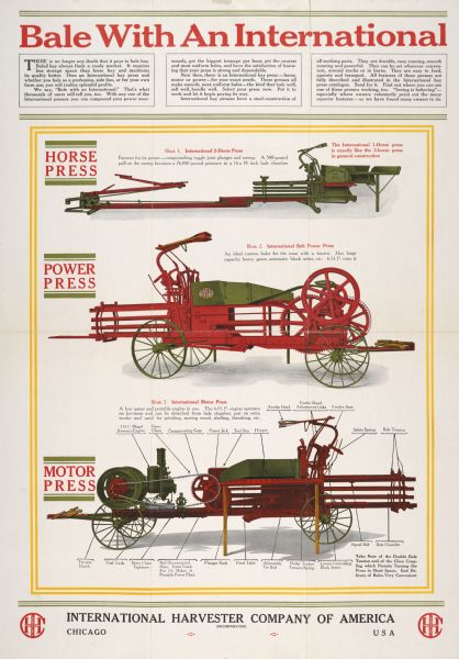 Advertising poster for International two-horse, power, and motor hay presses. The motor hay presses include Mogul hopper cooled mounted engines. Includes color illustration and the text: "Bale with an International." Printed by Harvester Press, Chicago, Illinois.