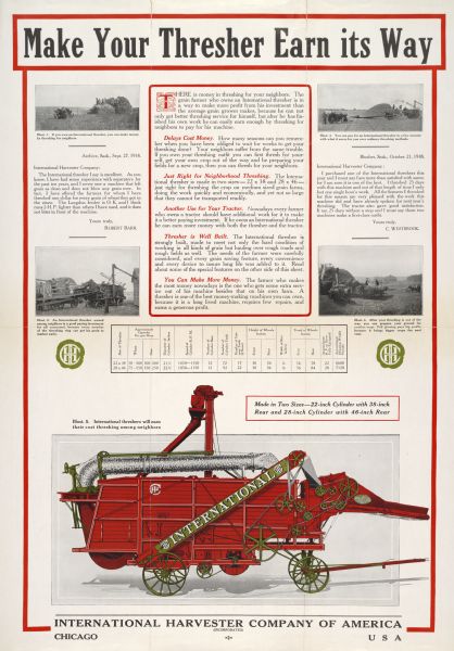 Advertising poster for the International stationary thresher featuring color illustration of the implement. Includes the text: "Make Your Thresher Earn its Way." Printed by the Harvester Press.