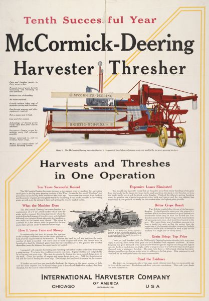 Advertising poster for the McCormick-Deering Harvester-Thresher (combine) featuring color illustration of the implement. Includes the text: "Harvests and Threshes in One Operation" and "Tenth Successful Year."