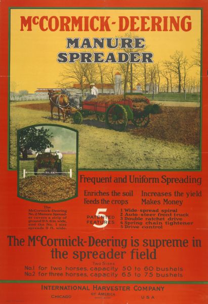 Advertising poster for the McCormick-Deering No. 1 and No. 2 manure spreaders. Includes a color illustration of a farmer using a horse-drawn manure spreader on a farm.