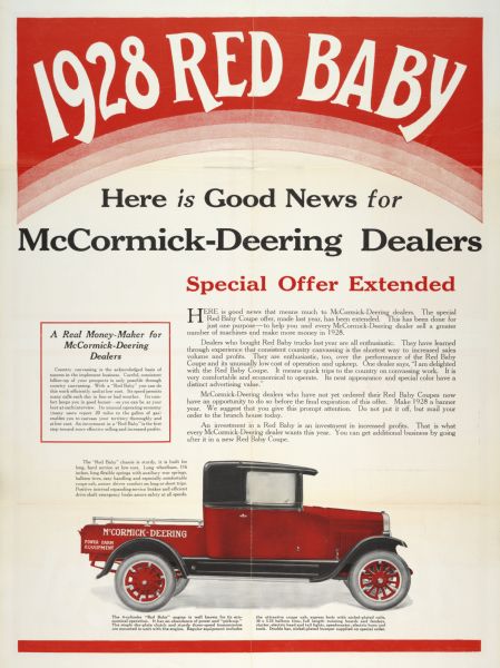 Advertising poster for the McCormick-Deering "Red Baby" farm truck showing a color illustration of the truck with text about a "special offer" for McCormick-Deering dealers. Printed for the International Harvester Export Company.