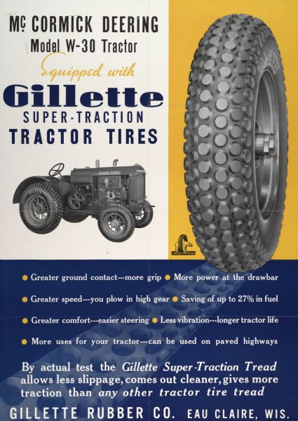 Advertising poster of the Gillette Tire Company of Eau Claire showing an International Harvester McCormick-Deering W-30 tractor equipped with Gillette tires.