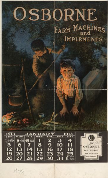 Advertising calendar for Osborne brand farm implements showing two young boys tending a pot hanging over an evening fire.