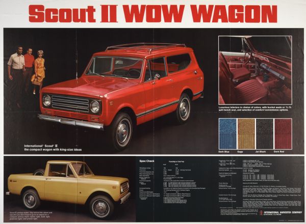 Advertising poster featuring color photographs of the International Scout II wagon and pickup truck.