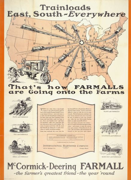 Advertising poster for McCormick-Deering Farmall tractors showing a map of the United States with trains speeding in all directions from Illinois. Bears the text: "Trainloads East, South - Everywhere; That's how Farmalls are Going onto the Farms."