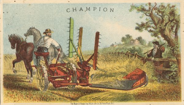 Advertising card produced by Warder, Mitchell and Company, manufacturers of the Champion line of agricultural machinery. Features a color illustration of a farmer operating a Champion self-rake reaper while a traveler looks on. Printed by Major & Knapp, New York.