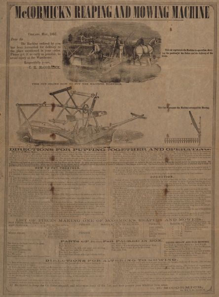 Handbill containing directions for putting together and operating McCormick's "Reaping and Mowing Machine" [reaper]. Includes illustrations of the machine.