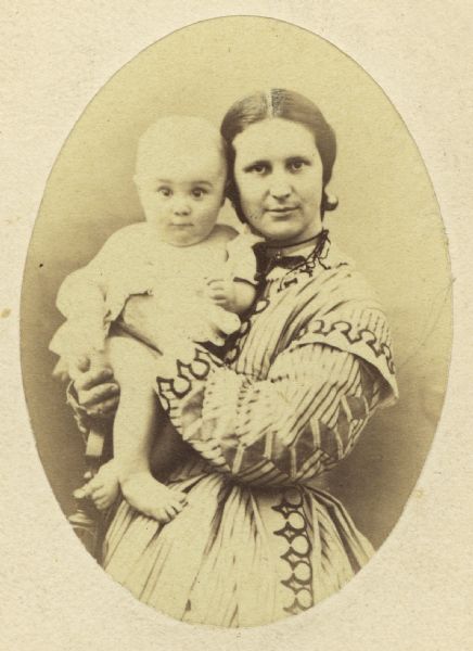 Oval-framed portrait of Nettie Fowler McCormick (1835-1923), and her son Robert (1863-1865). Nettie, a well-known philanthropist, was the wife of Chicago inventor and industrialist Cyrus Hall McCormick (1809-1884). Robert lived only 15 months.