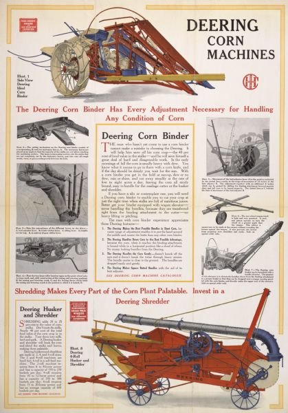 Advertising poster for the Deering corn binders and husker and shredders featuring color illustrations. The poster was printed by the Harvester Press.