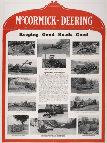 Advertising poster for McCormick-Deering industrial tractors. Includes illustrations of road graders, crawler tractors, and industrial wheel tractors used in road construction. Also includes the text: "Keeping Good Roads Good."